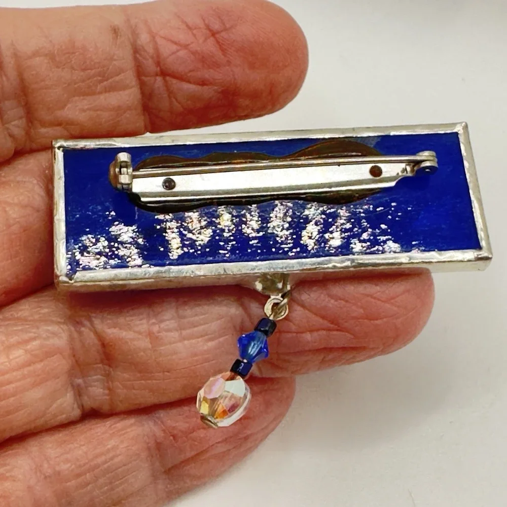 Artisan Stained Glass Brooch Victorian Style Blue & Silver Tone Dangle Pin 2